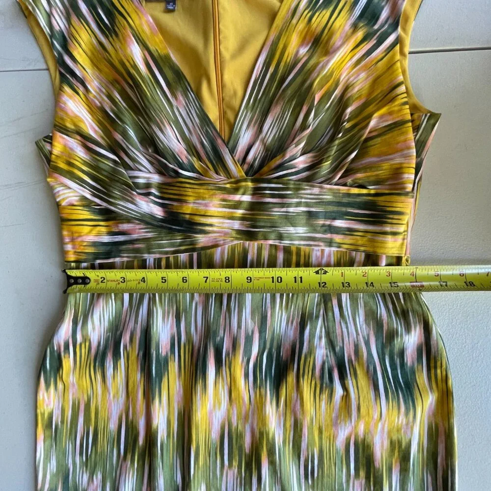 Ikat Print Donna Ricco Cotton Blend Yellow Green Sheath Dress 14